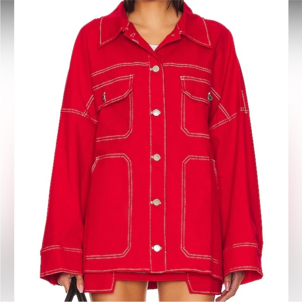 Women’s Red Denim Jacket with Contrast Stitching